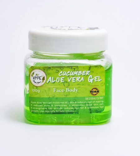 Cucumber Aloe Vera gel in clear plastic jar on white background. Ideal for skincare routines.